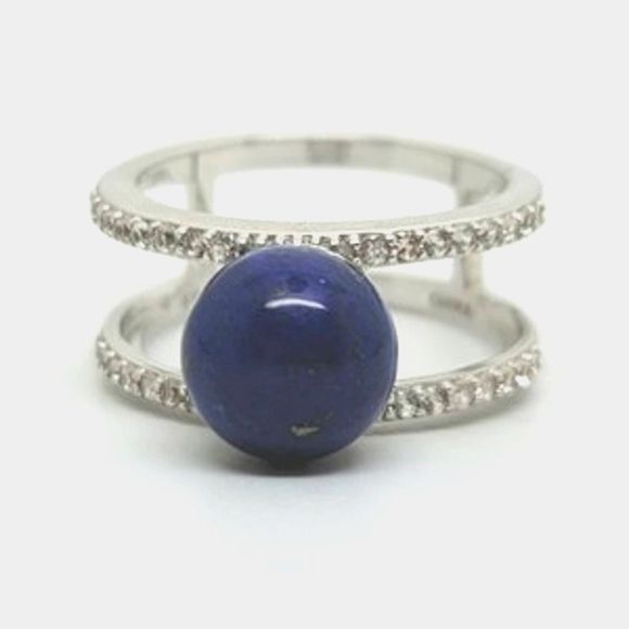 New Lapis Lazuli Round Bead Set Negative Space Diamond Simulant Ring Sz 9.5 - Picture 1 of 4